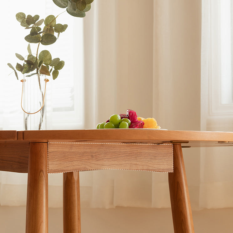 Cherry Wooden Round Table Extendable 4 Legs Square Dining Table in Nature