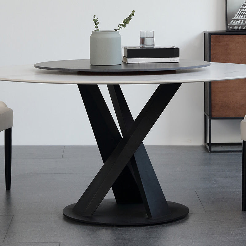 Hedendaagse ronde eettafel gesinterde stenen tafel met zwarte voetstukbasis, 47.2 "l x 27.6" w x 30 "h