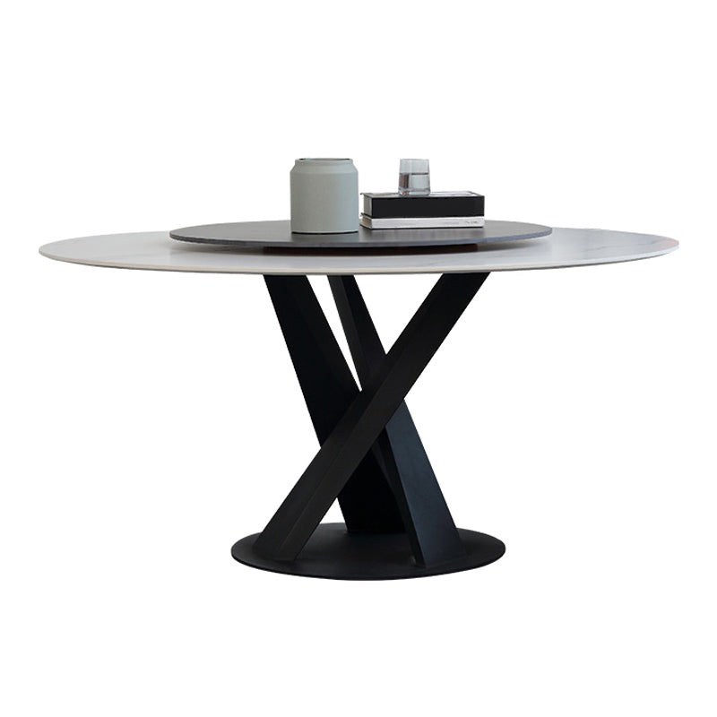 Hedendaagse ronde eettafel gesinterde stenen tafel met zwarte voetstukbasis, 47.2 "l x 27.6" w x 30 "h
