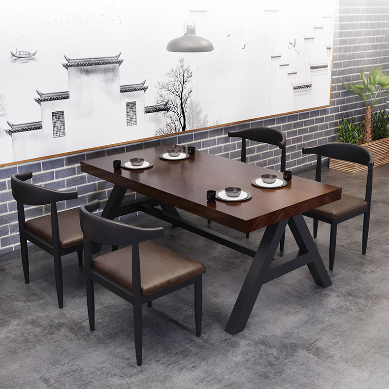 Industrial Solid Wood Dining Table Brown Rectangle Table with Trestle Base for Dinning Room
