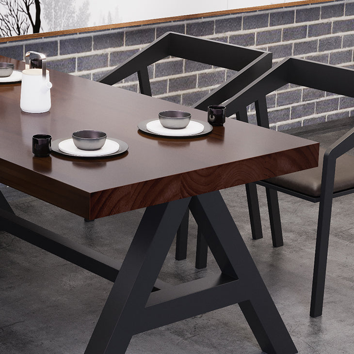 Industrial Solid Wood Dining Table Brown Rectangle Table with Trestle Base for Dinning Room