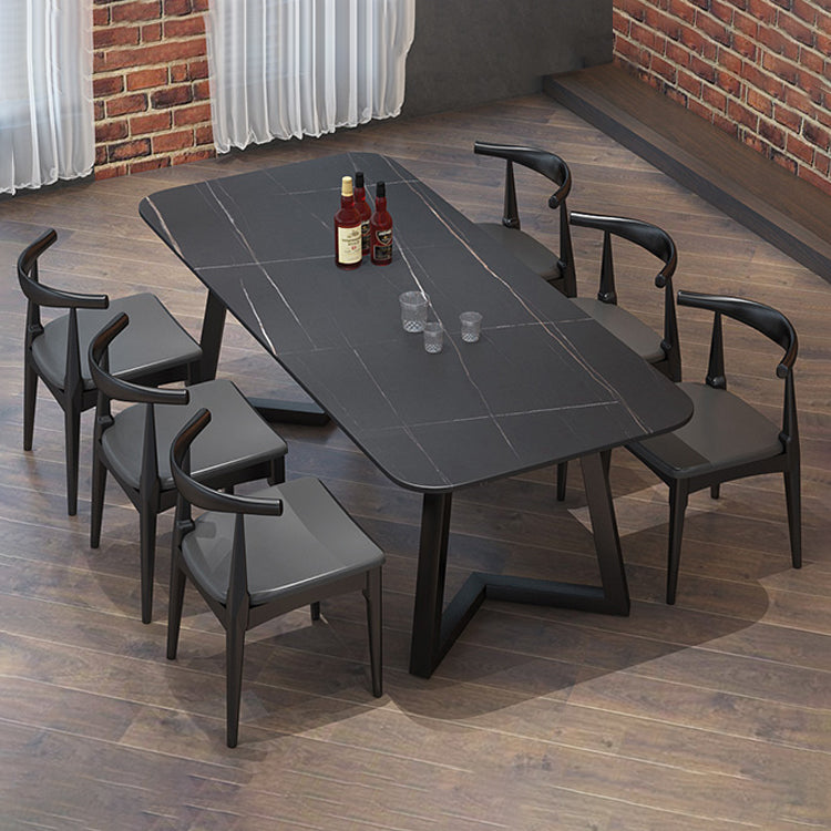 Industrial Style Sintered Stone Dining Table Black Rectangle Table with Sled Base for Dinning Room