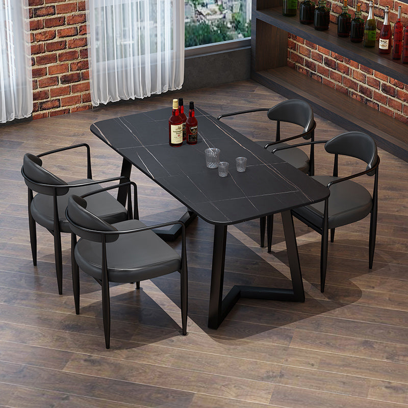 Industrial Style Sintered Stone Dining Table Black Rectangle Table with Sled Base for Dinning Room