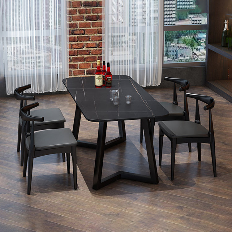 Industrial Style Sintered Stone Dining Table Black Rectangle Table with Sled Base for Dinning Room