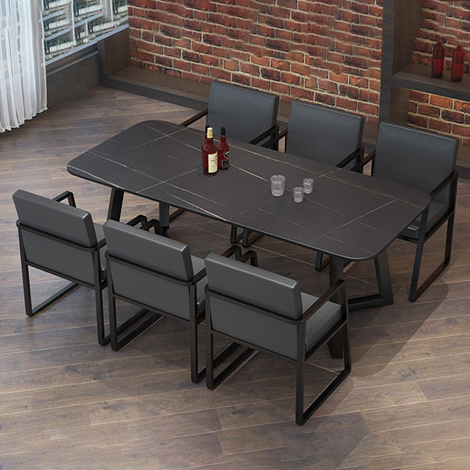 Industrial Style Sintered Stone Dining Table Black Rectangle Table with Sled Base for Dinning Room