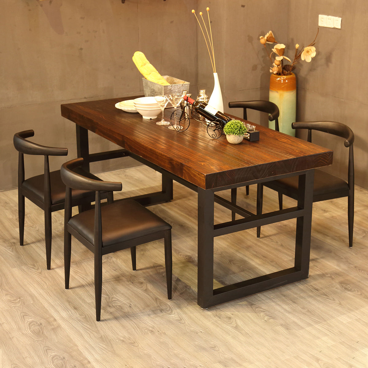 Industrial Style Solid Wood Dining Table Brown Rectangle Table with Trestle Base for Dinning Room