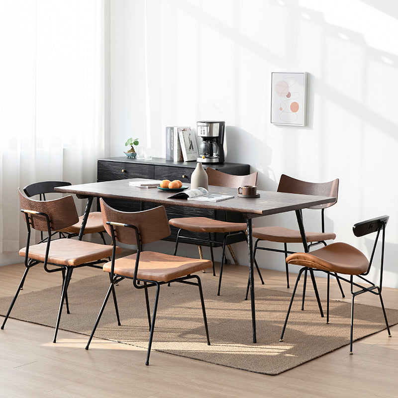 Industrial Style Oak Solid Wood Dining Table Brown Rectangle Table with Metal Base for Home Use