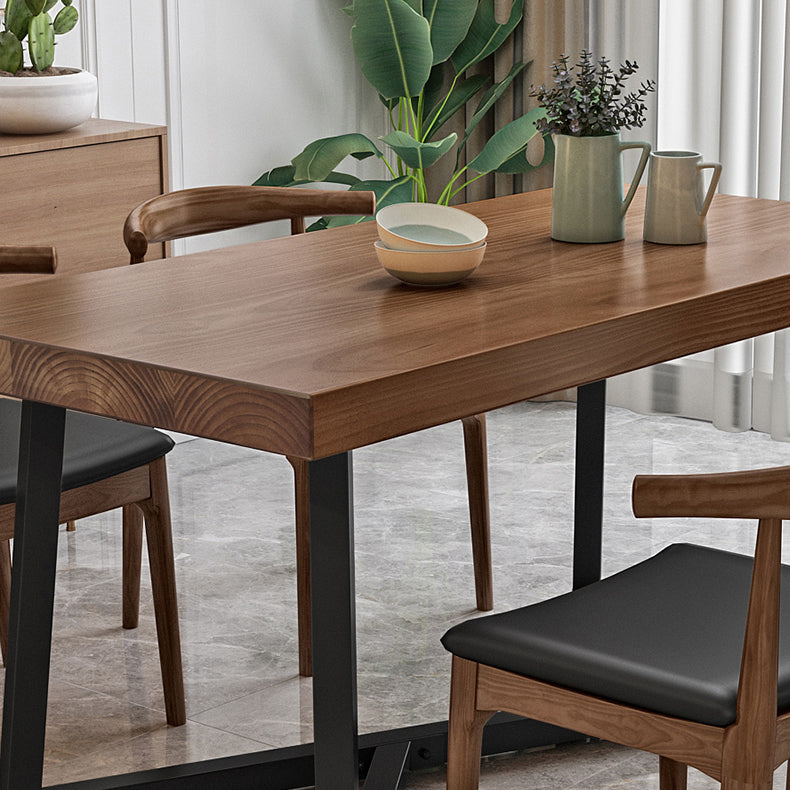 Industrial Solid Wood Dining Table Brown Rectangle Table with Metal Base for Dinning Room