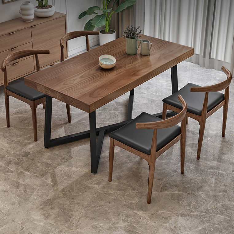 Industrial Solid Wood Dining Table Brown Rectangle Table with Metal Base for Dinning Room