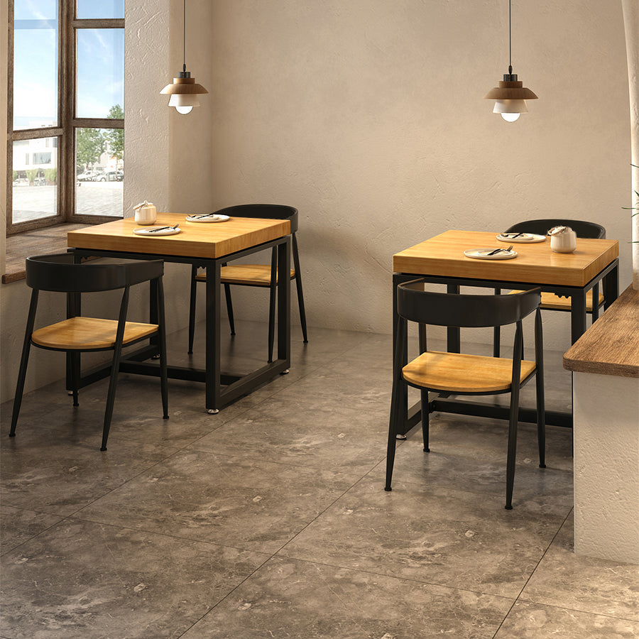 Mesa de comedor de madera maciza de estilo industrial Mesa cuadrada marrón con base de metal para comedor