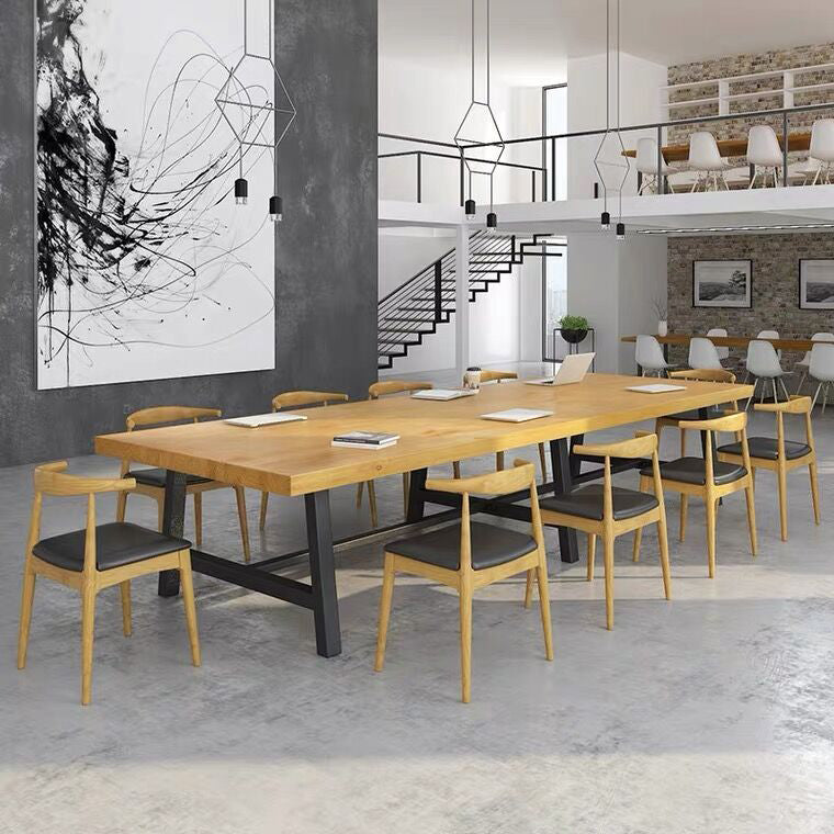 Rectangle Wood Color Dining Table Solid Wood Table Industrial with Trestle Base