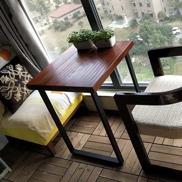 Mesa de comedor industrial de madera, mesa cuadrada marrón con base de trineo para comedor