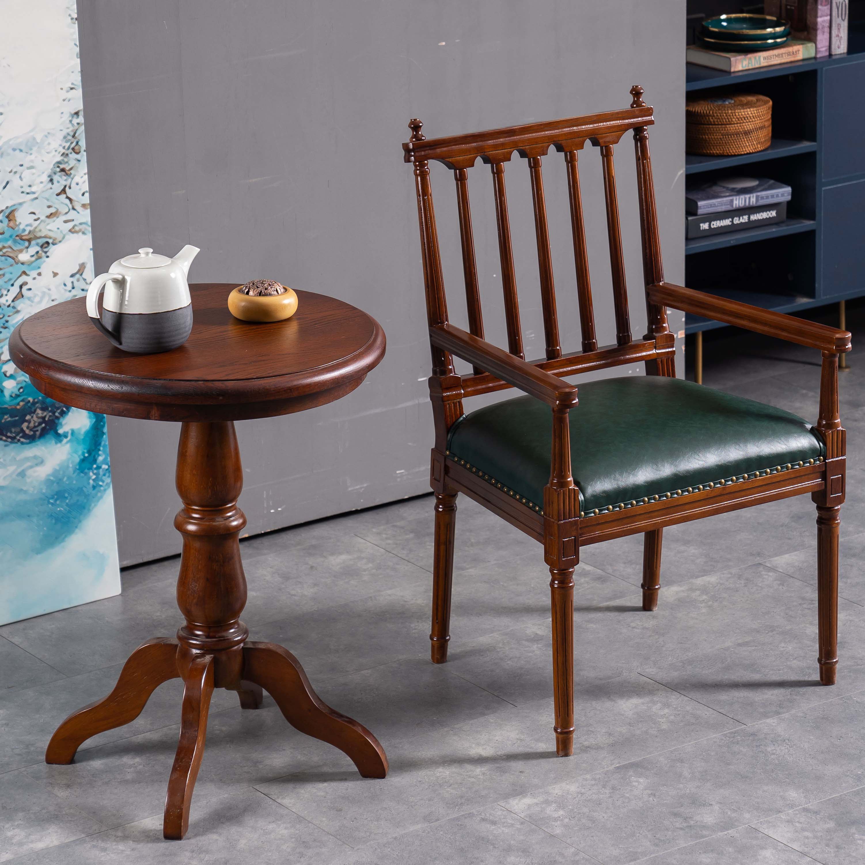 Traditional Study Room Leather Arm Chair Walnut Slat Back Dining Chair