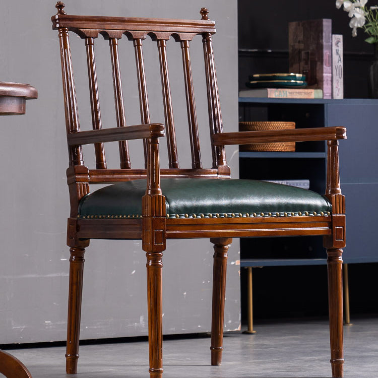 Traditional Study Room Leather Arm Chair Walnut Slat Back Dining Chair