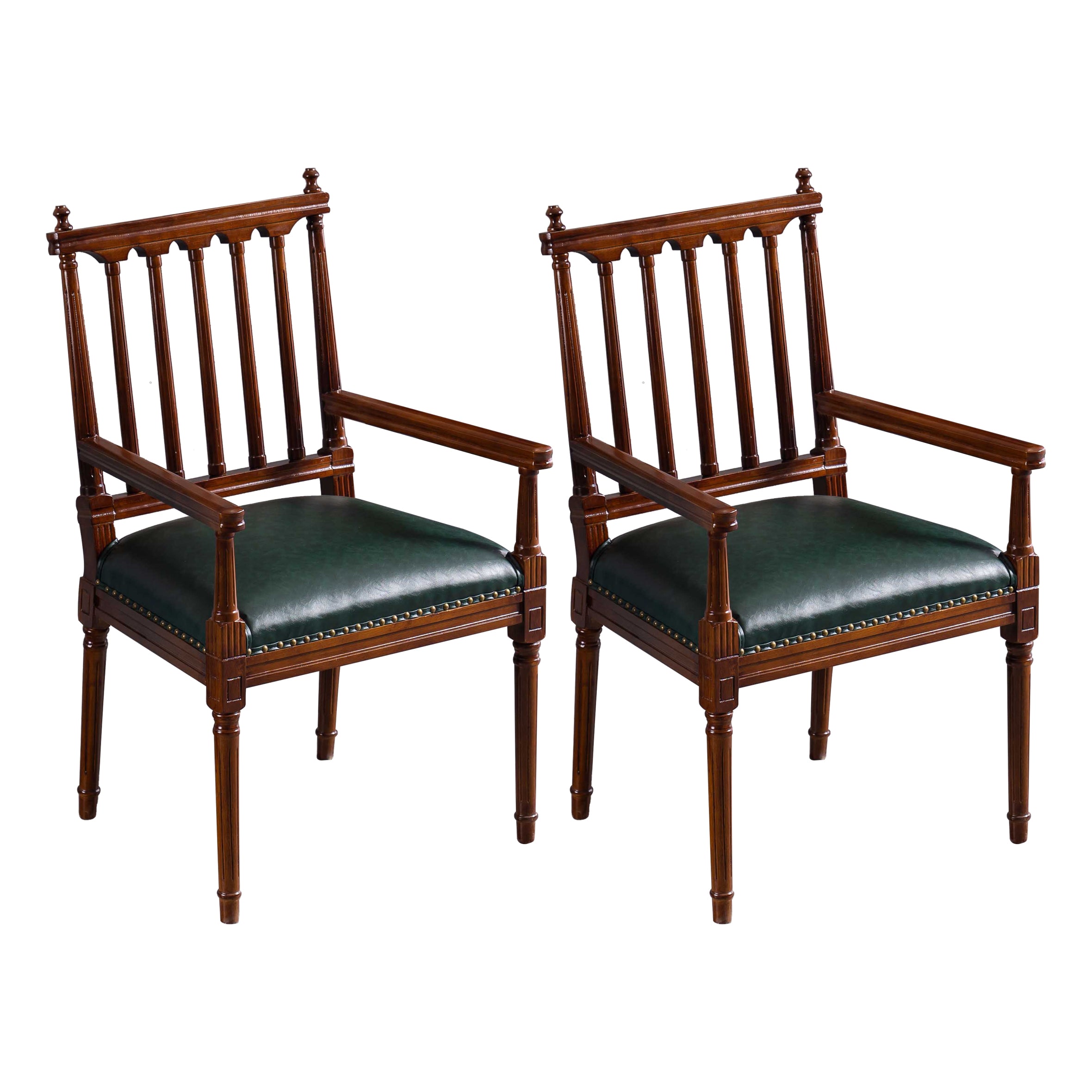 Traditional Study Room Leather Arm Chair Walnut Slat Back Dining Chair
