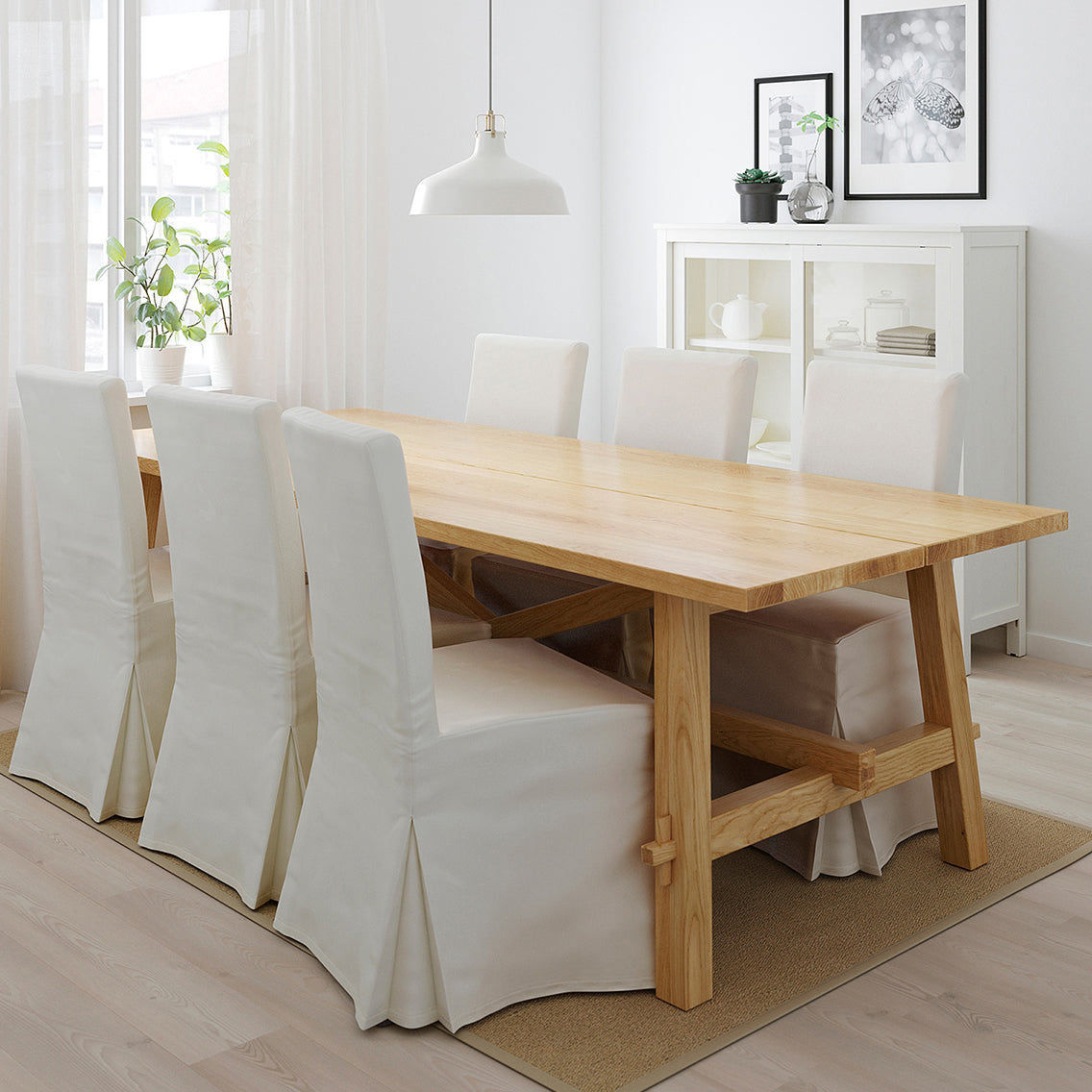 Simple Solid Wood Rectangle Shape Dining Table Khaki Standard Dining Table with Trestle Base