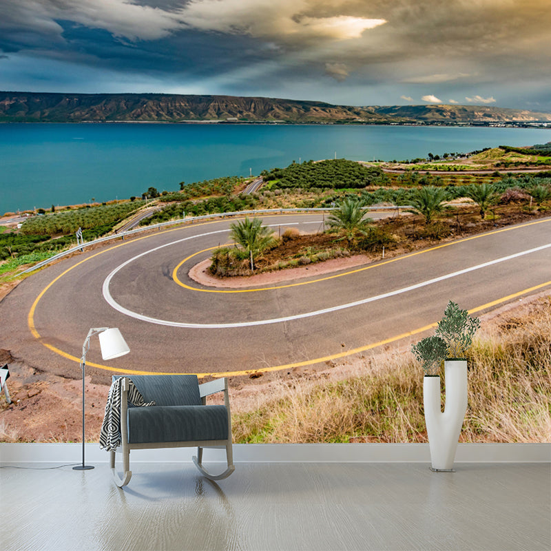 Horizontal Photography Curvy Road Mural Decorative Mildew Resistant for Living Room