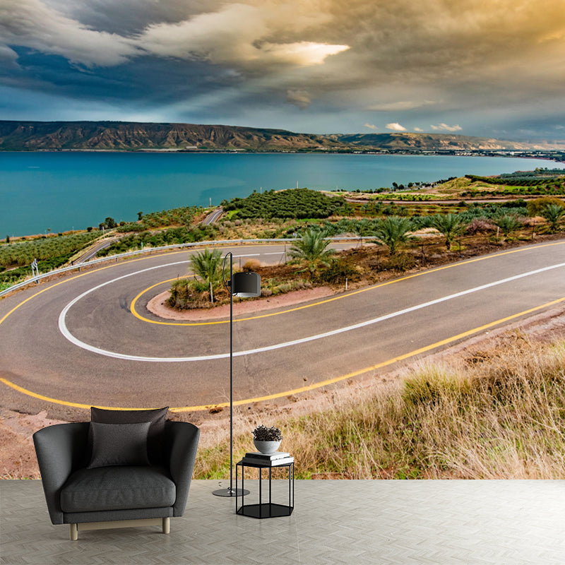 Horizontal Photography Curvy Road Mural Decorative Mildew Resistant for Living Room