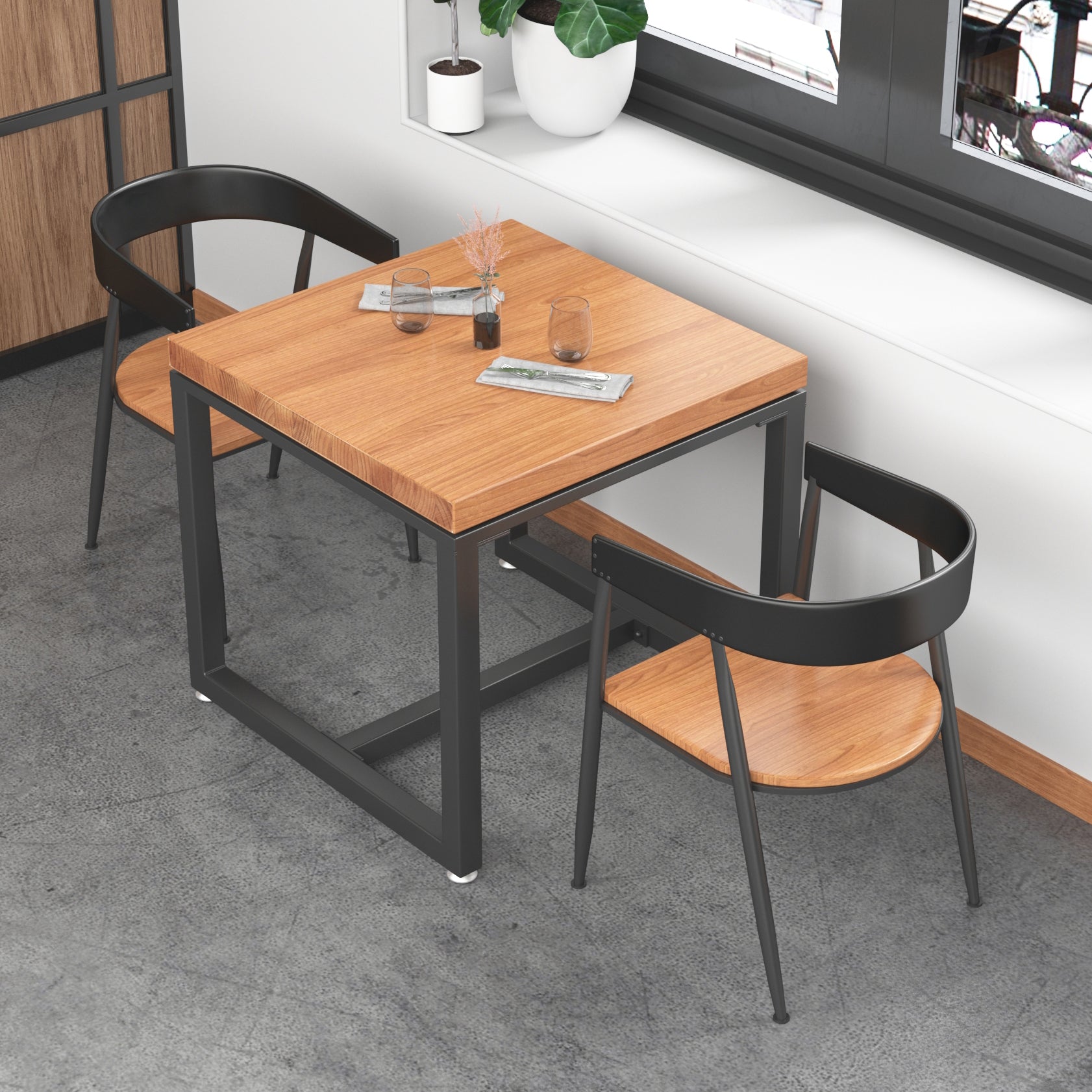 Mesa de comedor de madera maciza de estilo industrial, mesa cuadrada con base de caballete para comedor