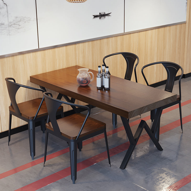 Industriële rechthoek eetkamer tafel dennen vaste houten tafel met zwart dubbel voetstuk
