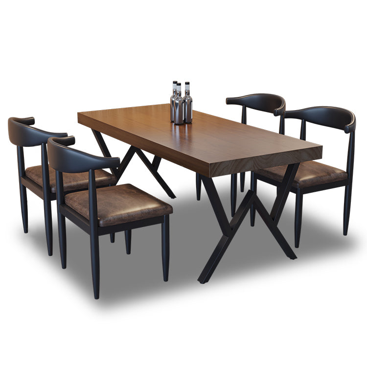 Industriële rechthoek eetkamer tafel dennen vaste houten tafel met zwart dubbel voetstuk