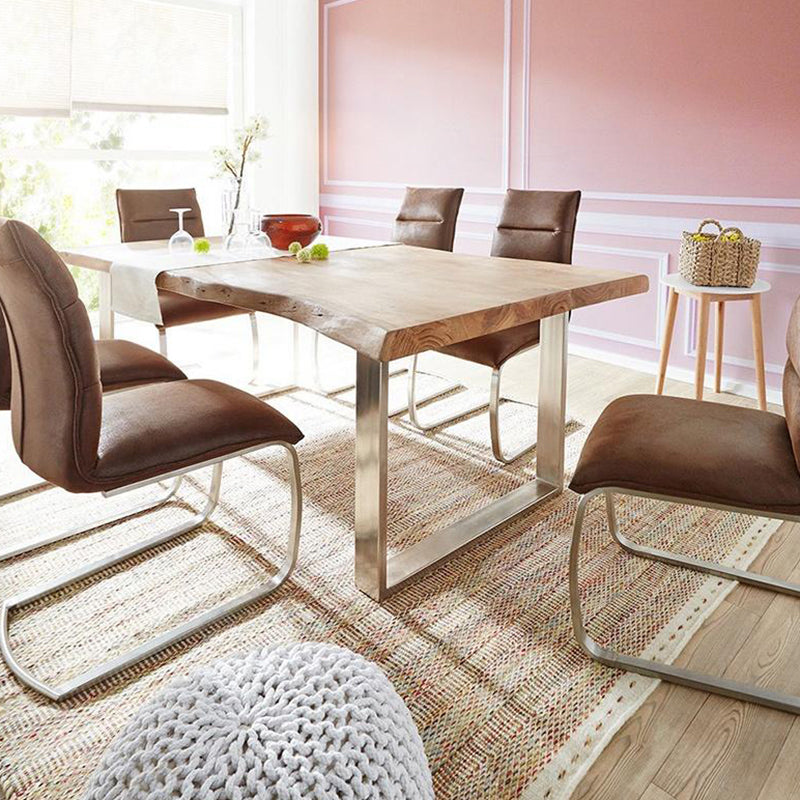 Rectangle Wood Color Dining Table Solid Wood Table Glam Style with Double Pedestal