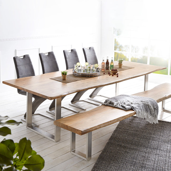 Rectangle Wood Color Dining Table Solid Wood Table Glam Style with Double Pedestal