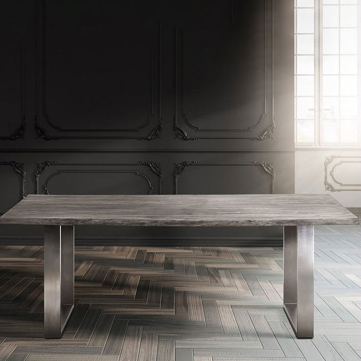Rectangle Wood Color Dining Table Solid Wood Table Glam Style with Double Pedestal