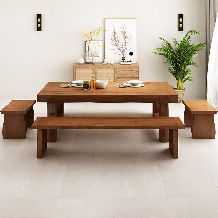 Table à manger de table en bois massif en pin avec piédestal double, en marron