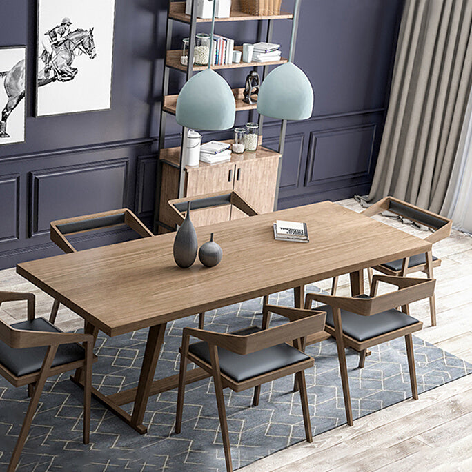 Rectangle Trestle Base Modern Dining Table Wood Color Fixed Table with Solid Wood