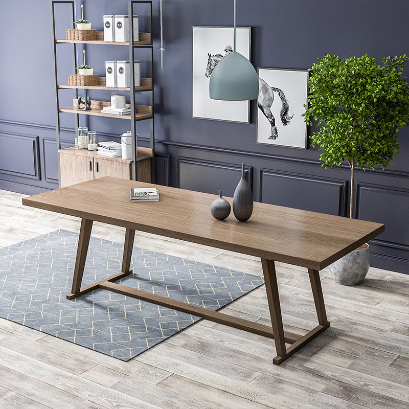 Rectangle Trestle Base Modern Dining Table Wood Color Fixed Table with Solid Wood