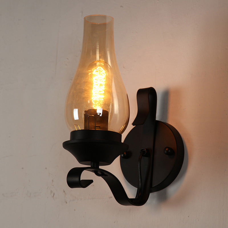 Industrial Vintage Wall Lamp Wrought Iron Indoor Wall Light with Clear Glass Shade