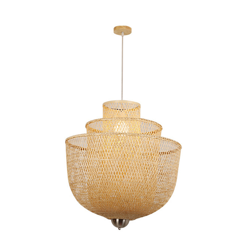 1-Light Rattan Japanese Pendant Light Beige Down Lighting for Dining Room