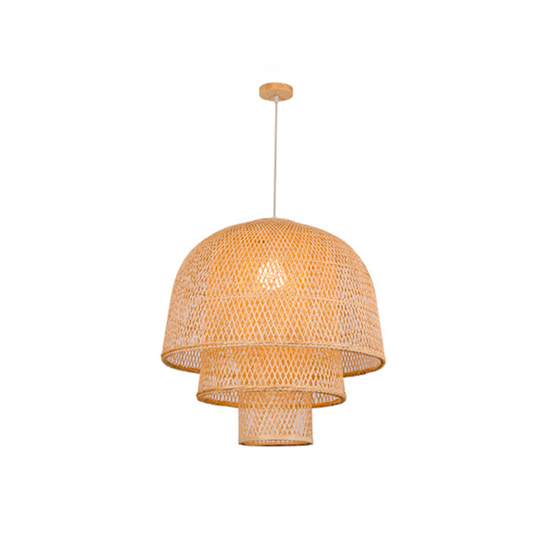 1-Light Rattan Japanese Pendant Light Beige Down Lighting for Dining Room