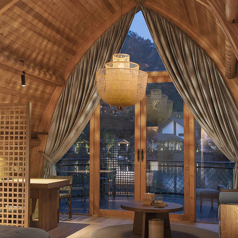 1-Light Rattan Japanese Pendant Light Beige Down Lighting for Dining Room