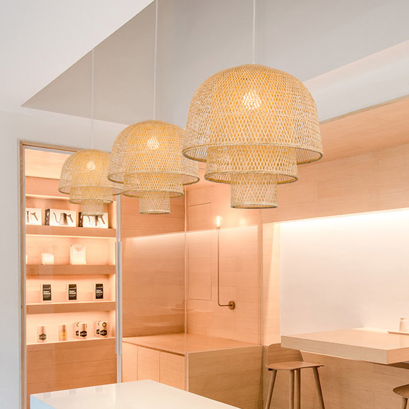 1-Light Rattan Japanese Pendant Light Beige Down Lighting for Dining Room