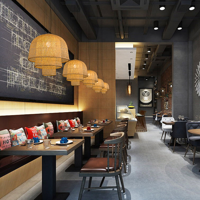 1-Light Rattan Japanese Pendant Light Beige Down Lighting for Dining Room