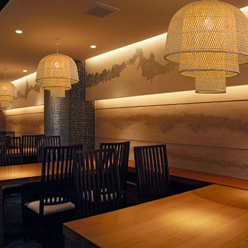 1-Light Rattan Japanese Pendant Light Beige Down Lighting for Dining Room