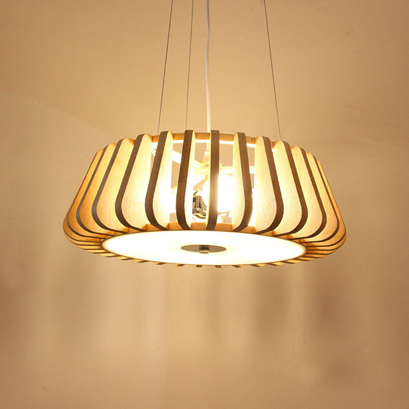 Japanese Bamboo Pendant Light Fixture 1-Light Drum Beige Hanging Ceiling Light