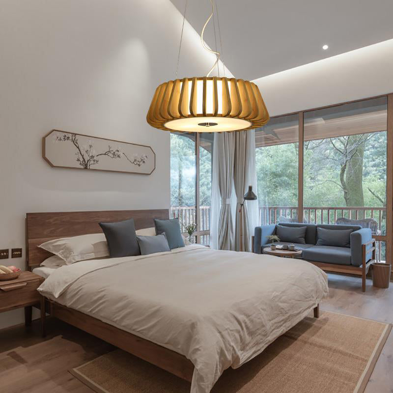 Japanese Bamboo Pendant Light Fixture 1-Light Drum Beige Hanging Ceiling Light