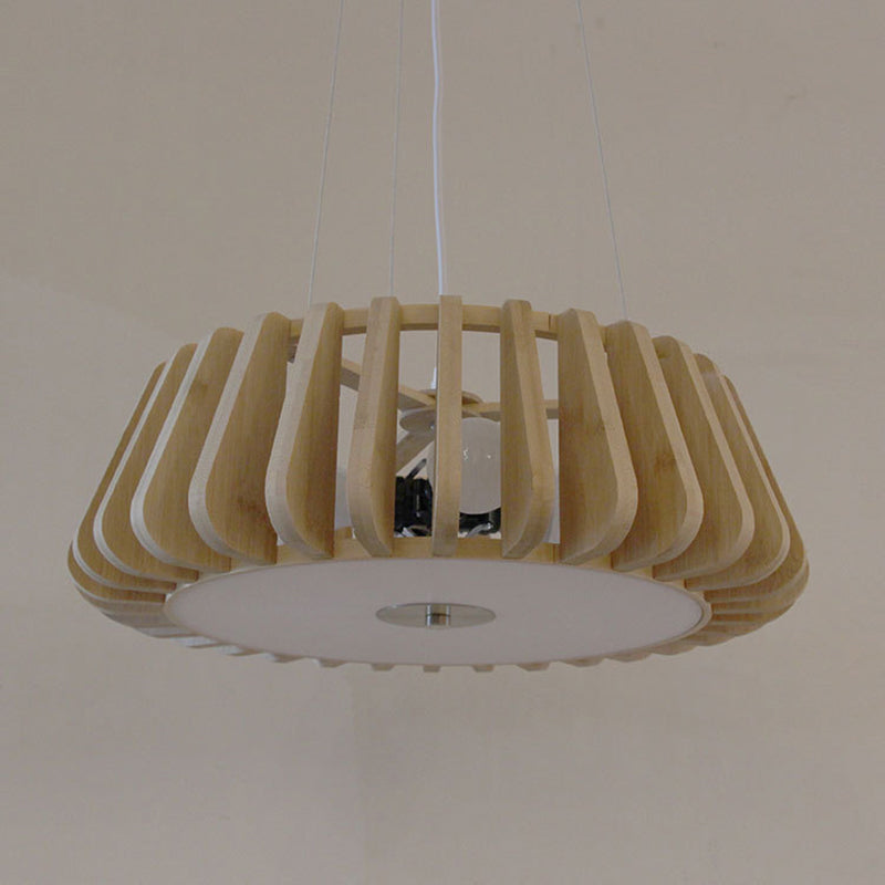 Japanese Bamboo Pendant Light Fixture 1-Light Drum Beige Hanging Ceiling Light
