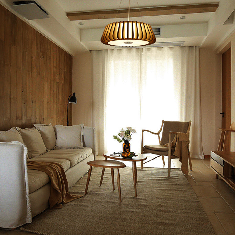 Japanese Bamboo Pendant Light Fixture 1-Light Drum Beige Hanging Ceiling Light