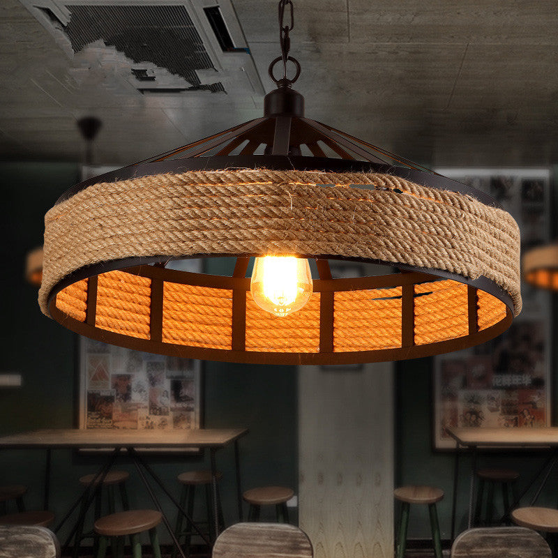 Drum Hanging Lamp Industrial Natural Manila Rope Decorative Pendant Light for Living Room