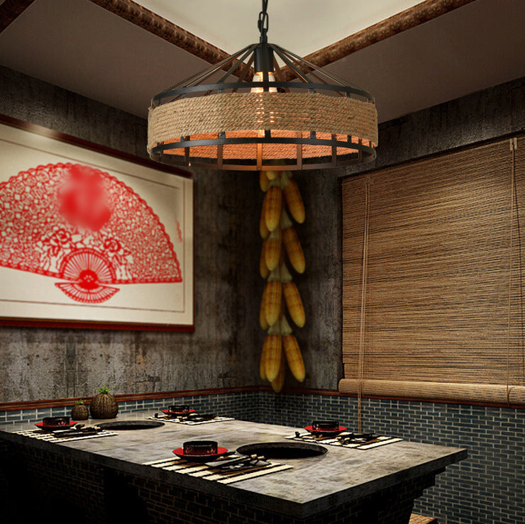 Drum Hanging Lamp Industrial Natural Manila Rope Decorative Pendant Light for Living Room