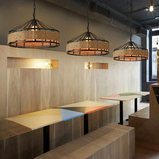 Drum Hanging Lamp Industrial Natural Manila Rope Decorative Pendant Light for Living Room