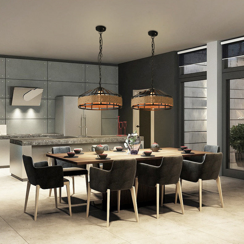 Drum Hanging Lamp Industrial Natural Manila Rope Decorative Pendant Light for Living Room