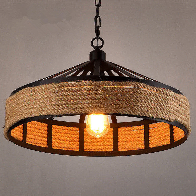 Drum Hanging Lamp Industrial Natural Manila Rope Decorative Pendant Light for Living Room
