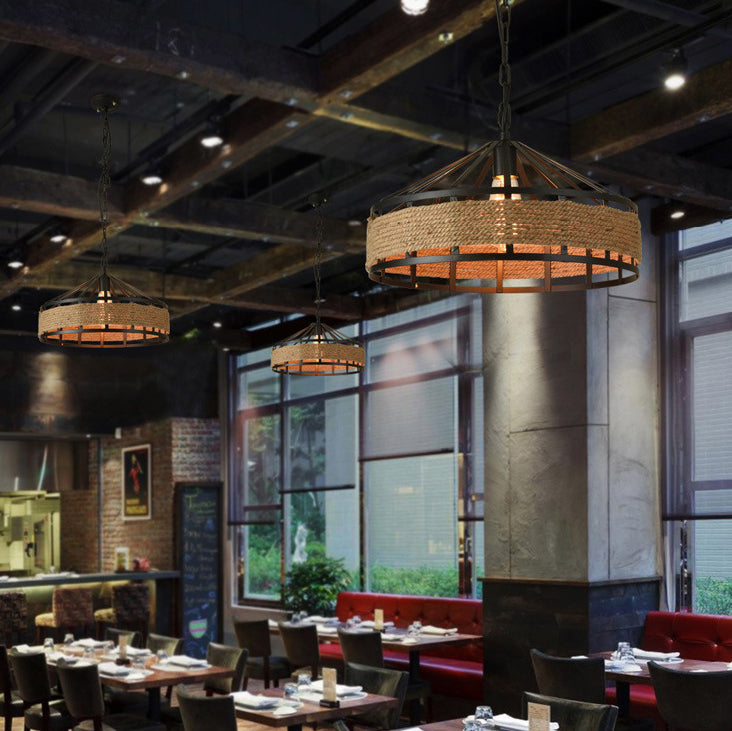 Drum Hanging Lamp Industrial Natural Manila Rope Decorative Pendant Light for Living Room