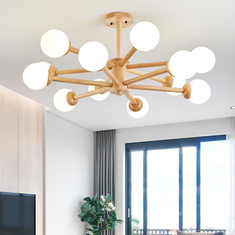 Modern Style Wooden Chandelier Ceiling Hanging Light Fixture with Glass Shade