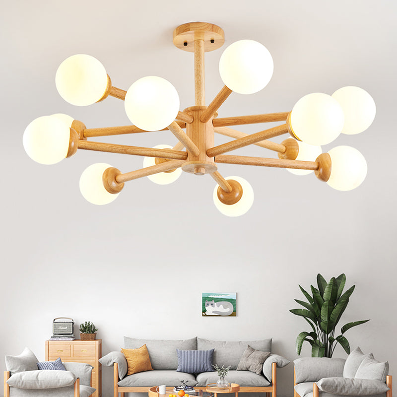 Modern Style Wooden Chandelier Ceiling Hanging Light Fixture with Glass Shade